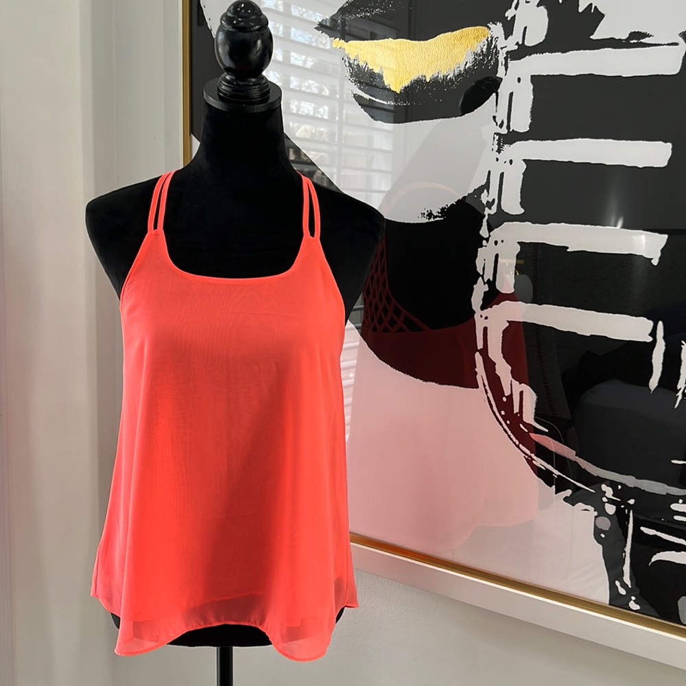 Mine Pink-Orange Spaghetti Strap Lattice-Back Tank Top, Size S